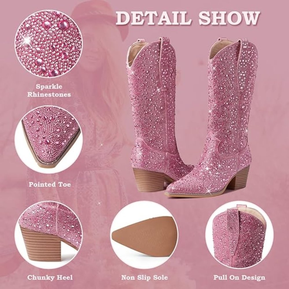 NWT Sparkling Bling Swarovski Crystal PINK Women Knee High Cowboy Boots … - Picture 3 of 9